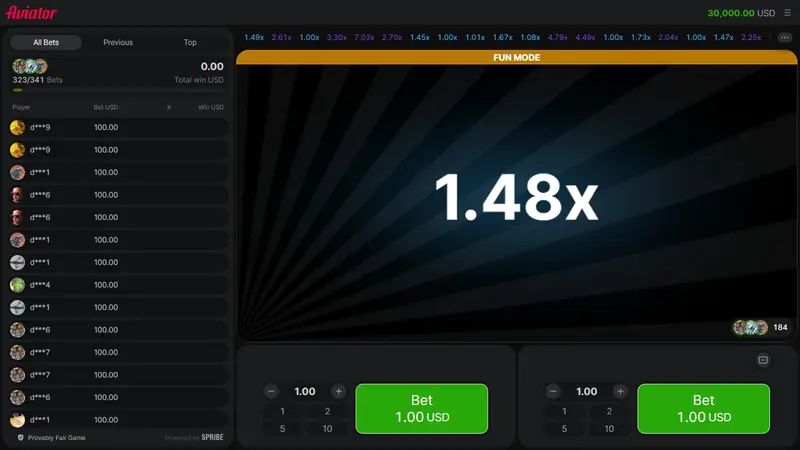 Aviator demo in fun mode with play credits and two bet panels