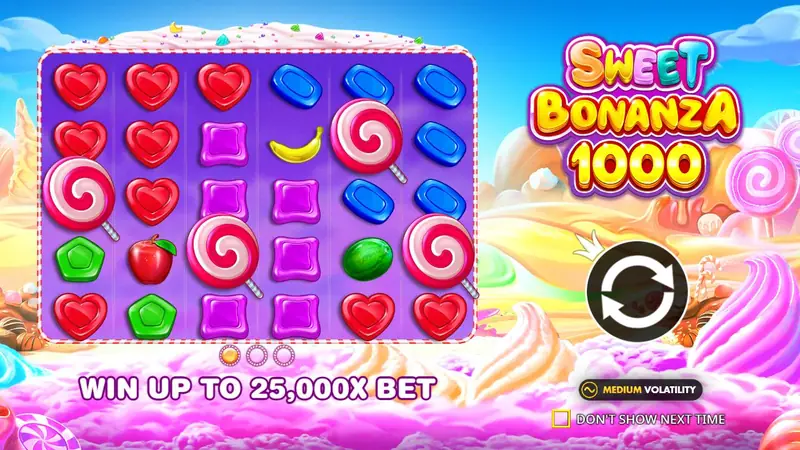 Sweet Bonanza 1000 demo start screen, win up to 25,000x bet
