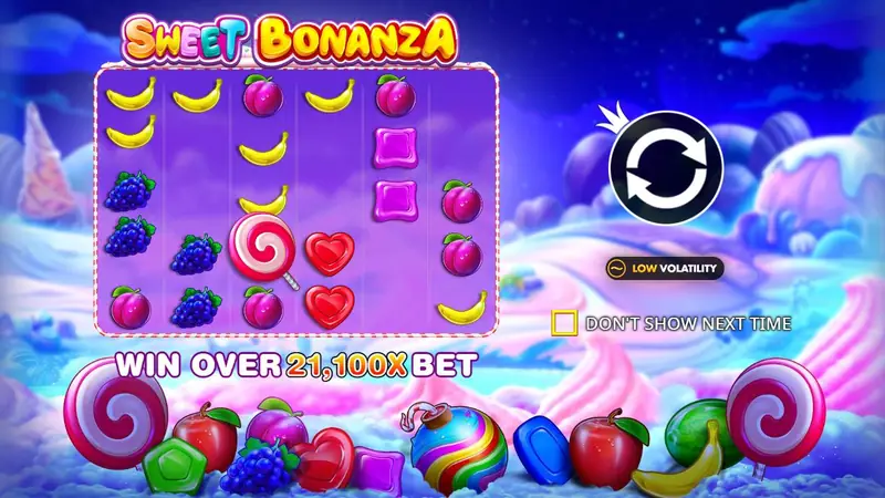 Sweet Bonanza demo start screen with the 6x5 candy grid