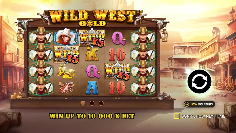 Wild West Gold demo start screen with multiplier wilds on a 5x4 grid